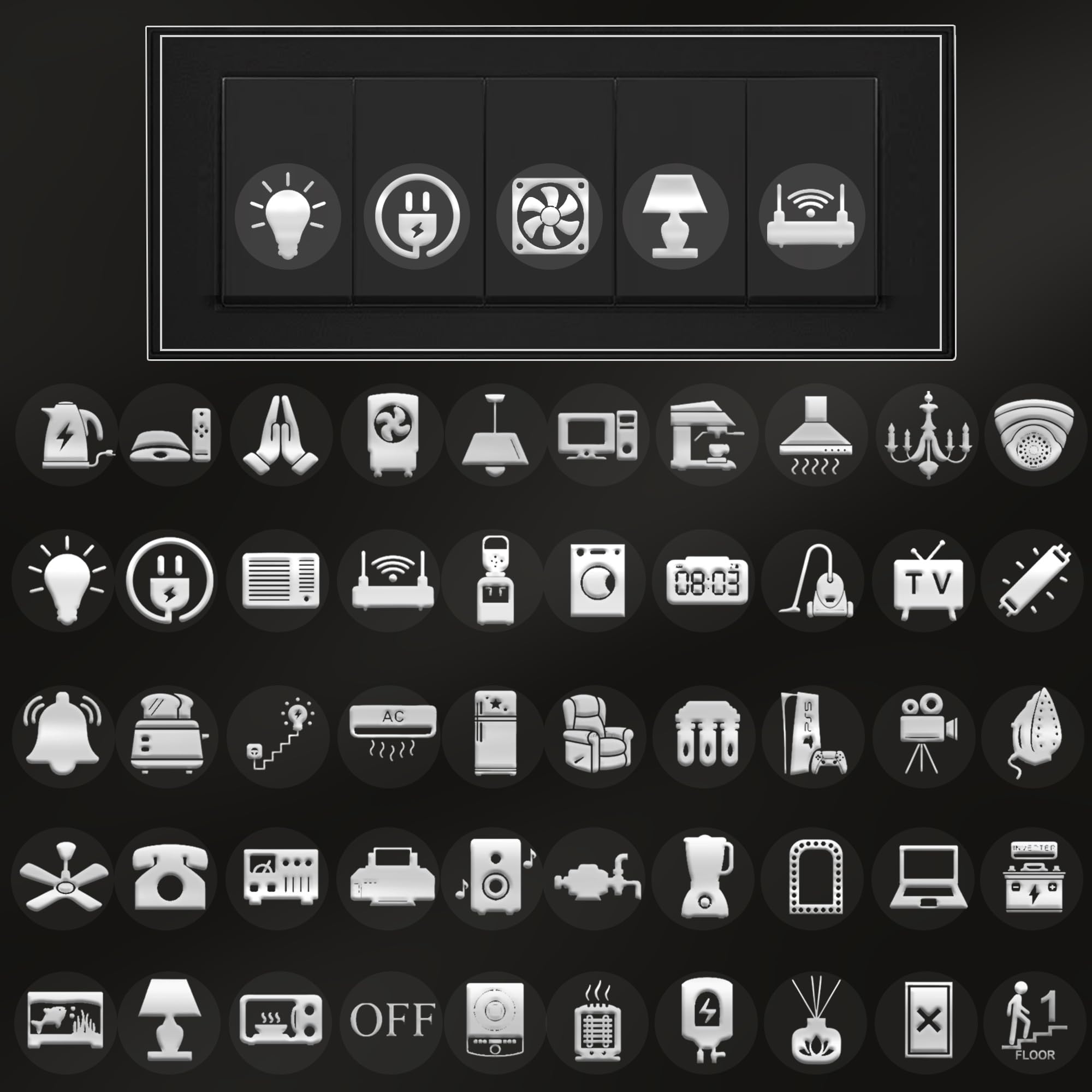 GLUN® 600 Switch Board Stickers with 60+ Icons Silver Glow Embossed Vinyl Switch Stickers, Self Adhesive Decorative Switch Covers for Home & Office