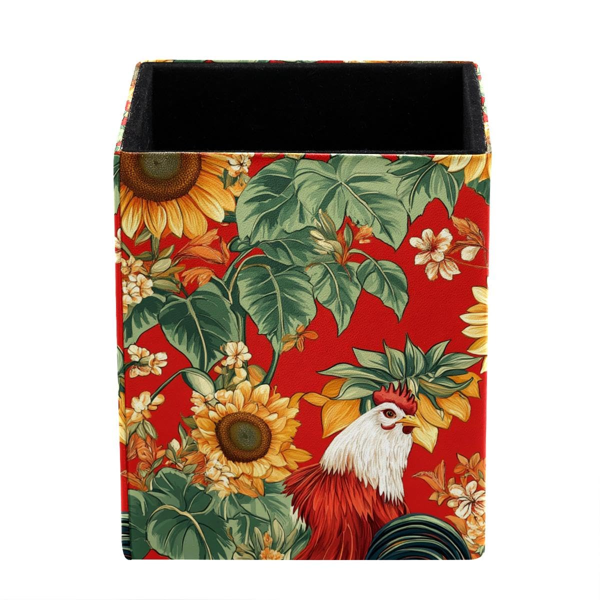 HEOEH Sunflower Rooster Pen Holder Pen Pot, Square Pencil Cup for Desk