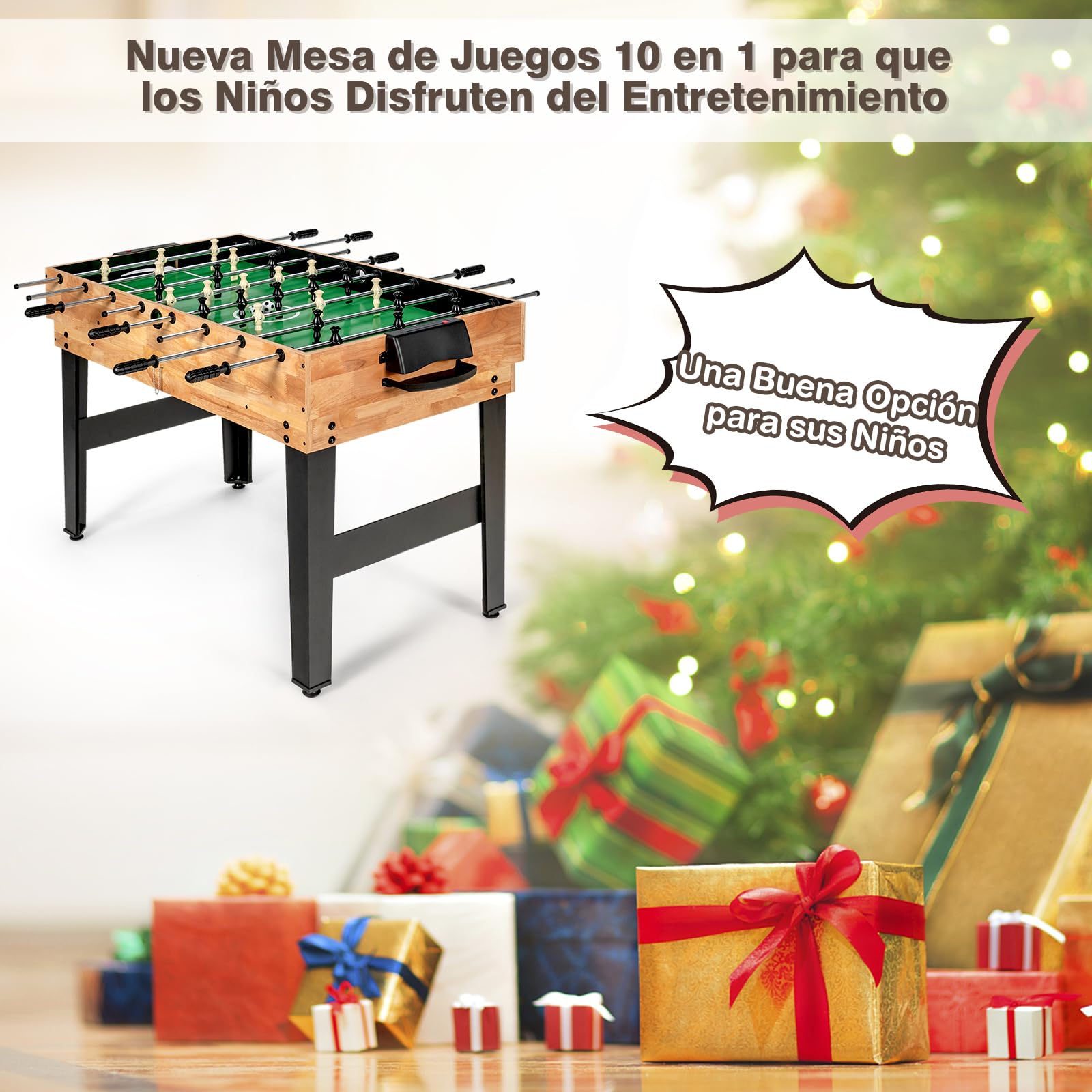 COSTWAY Mesa Multijuegos 10 en 1, Mesa de Juego Combinada con Futbolín, Hockey, Tenis de Mesa, Billar, Shuffleboard, Bolos, Ajedrez, Cartas, Damas y Backgammon, para Sala de Juegos, Bar, Club, Fiestas