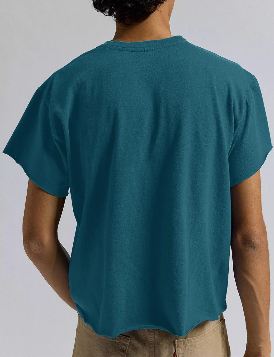 Men's Short Sleeve Round Neck T Shirts Boxy Raw Cut Tee Casual Basic Tops - Image 2