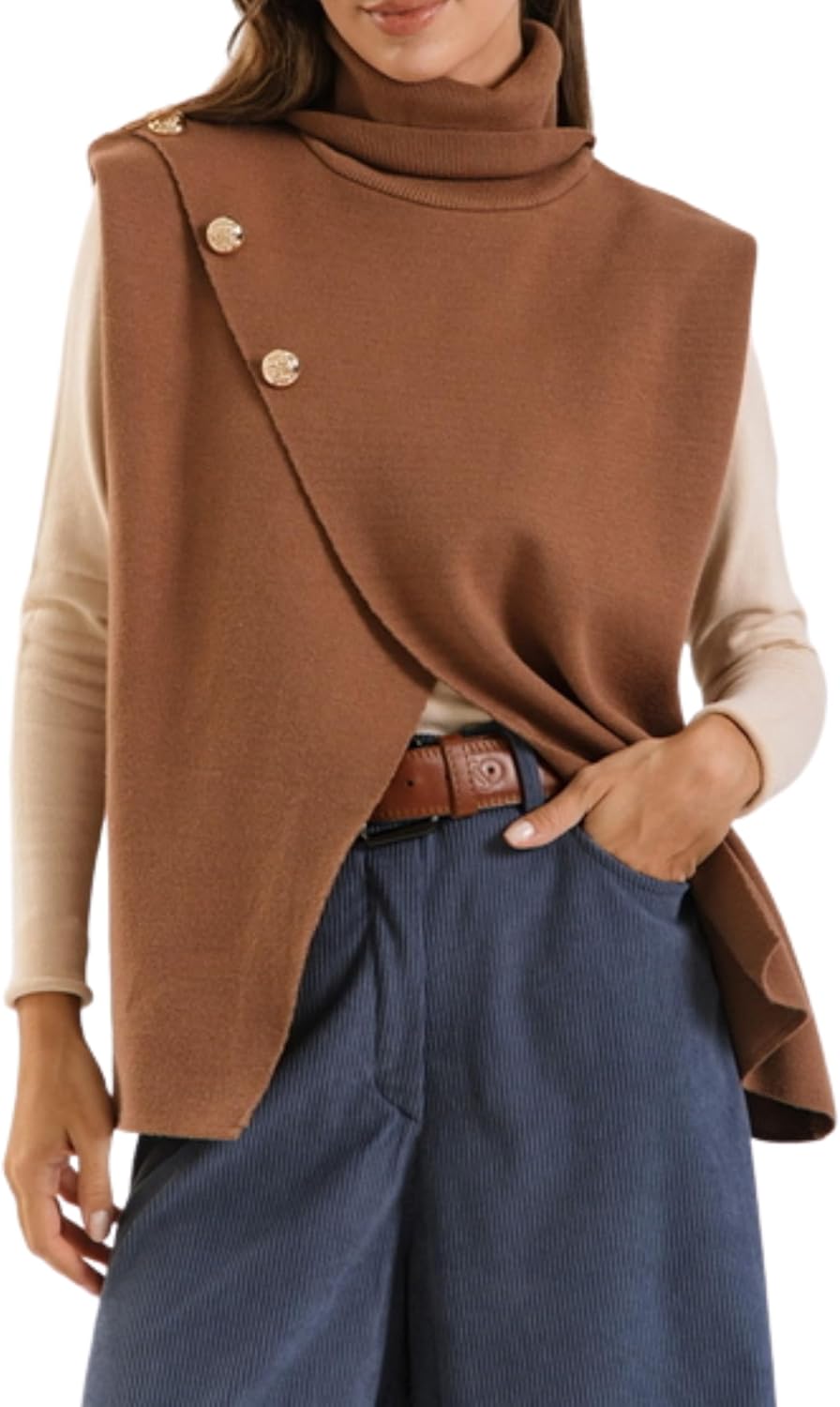 Zhiyouni Women's Turtle Neck Sweater Vest Sleeveless Split Button Front Wrap Knit Pullover Tank Tops