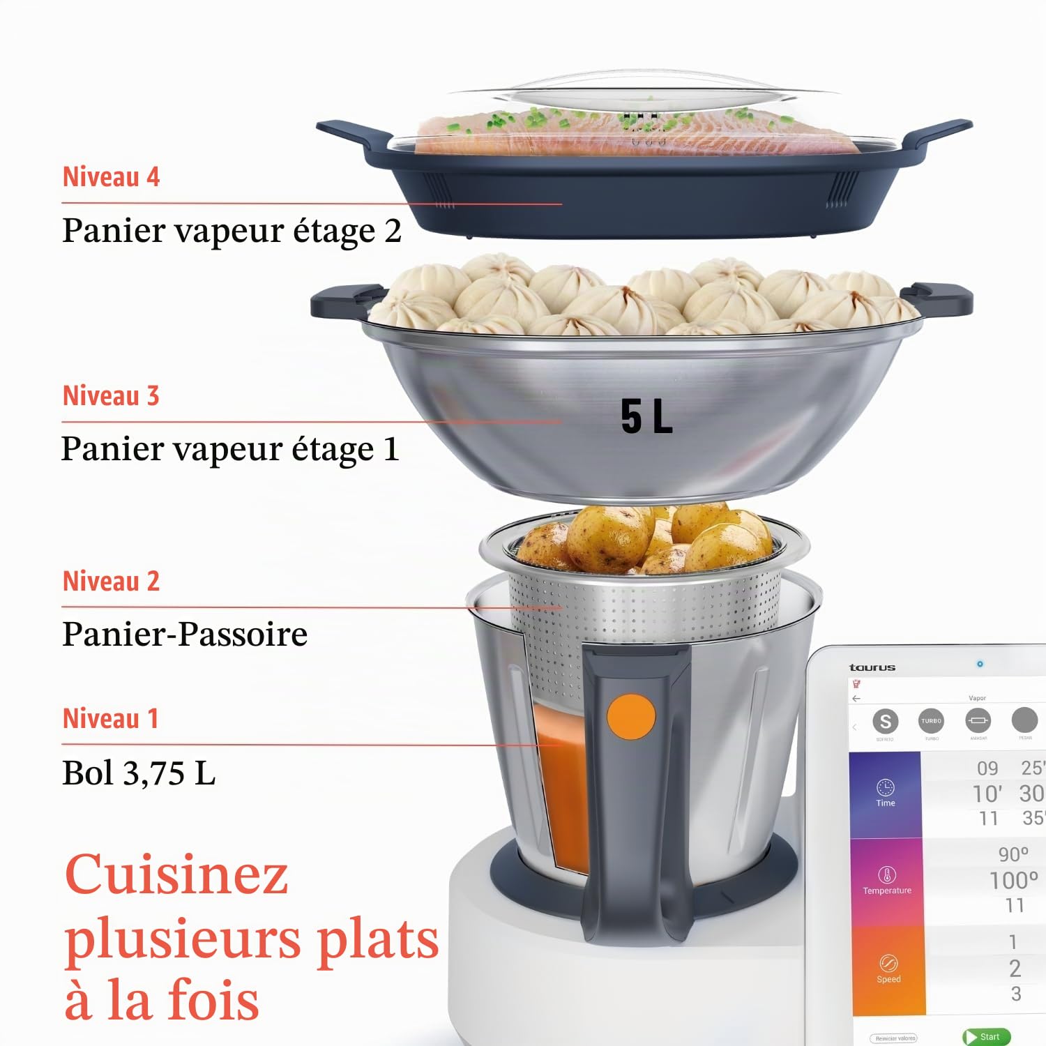 Taurus Mycook Next - Robot cuiseur avec wifi, 2000W, 3.75L, écran XXL, cuisinez avec la voix, jusqu'à 140°, induction, multifonction, app mycook, connectivité avec votre smartphone, set d'accessoires