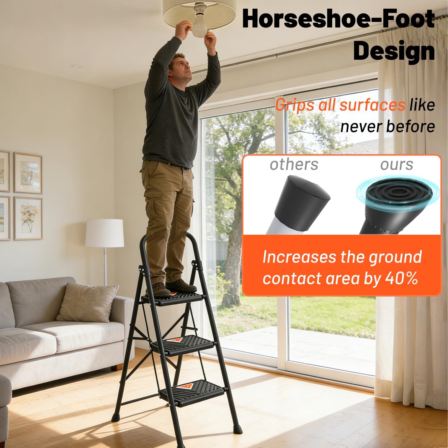 3 Step Ladder, Folding Step Stool with Extra Large & Thick Triangular Anti-Slip Pedal, Sturdy Step Ladder，600 lbs Capacity Heavy Duty Step Stool with Safety Lock for Kitchen, Garden, Home & Garage