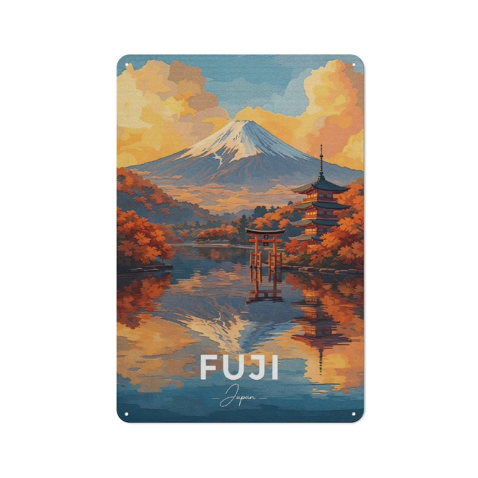 Junmoney Style-21 Retro Metal Wall Sign 30X20cm With Mount Fuji And Pagoda In Autumn For Hallway Wall, Suited To Hallway Decor Lovers