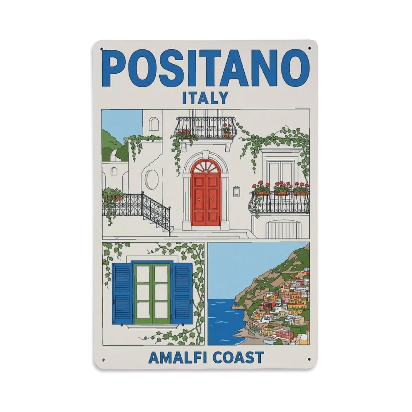 Vintage Travel Positano Italy Breeze Metal Tin Sign Plaque Wall Decor for Cafe, Club Bar, Office, Garden Metal Poster 8x12Inch