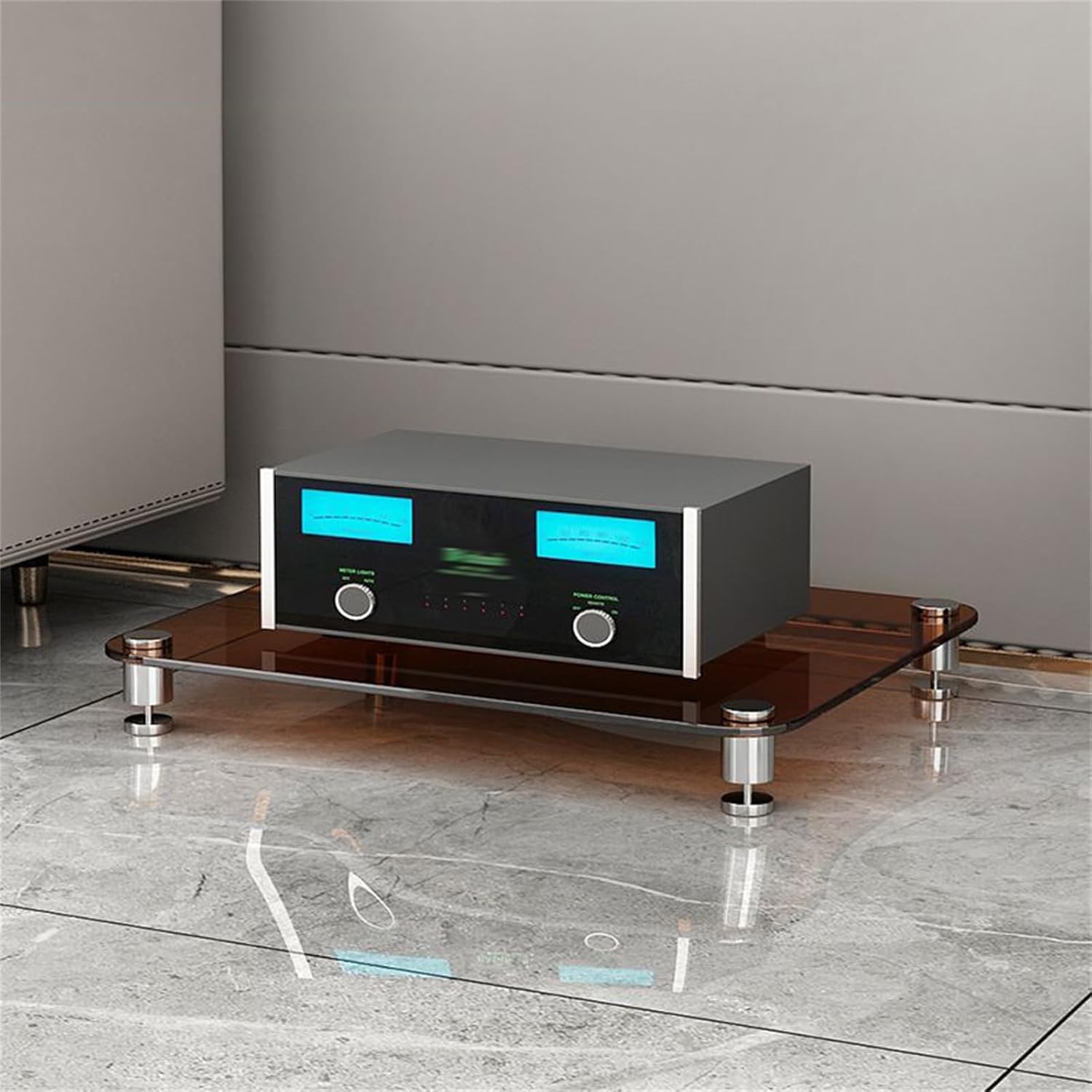 1/2/3/4 Tier Stereo Rack AV Media Stand with Tempered Glass Shelves, Audio Rack Tower CD Record Player Stereo Receiver AV Equipment Cabinet Display Stand,Brown,1 Tier