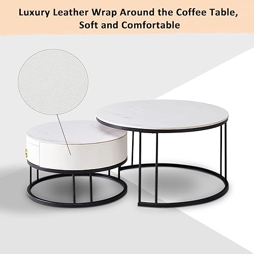 Miniatura 6 de Juego de 2 mesas auxiliares anidables de 27.6 pulgadas, mesas de centro redondas de piedra sinterizada con cajón y marco de metal, mesa central de