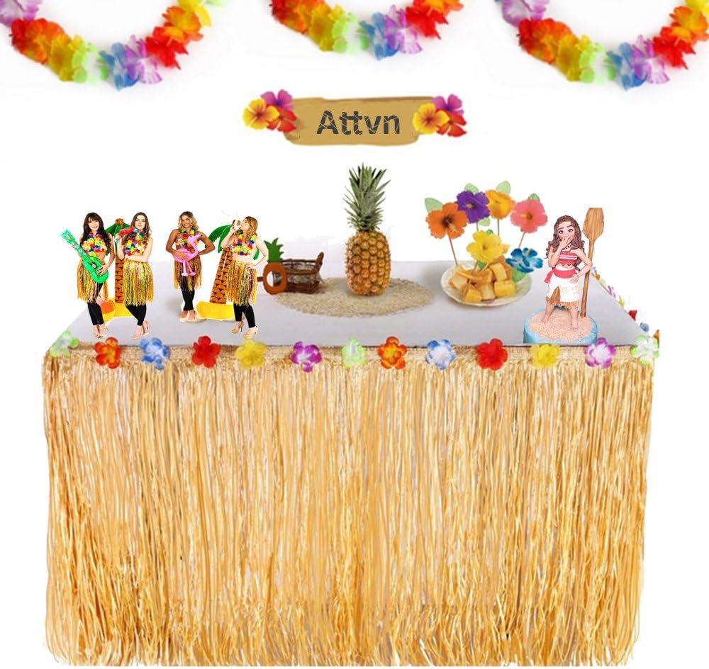 Attvn Hawaiian Luau Table Skirt - 9.6ft Hawaiian Tropical Hibiscus Grass Table Skirt with 26 Faux Silk Flowers for Home Picnic Birthday BBQ Tropical Garden Beach Summer Tiki Party Decorations (Gold)
