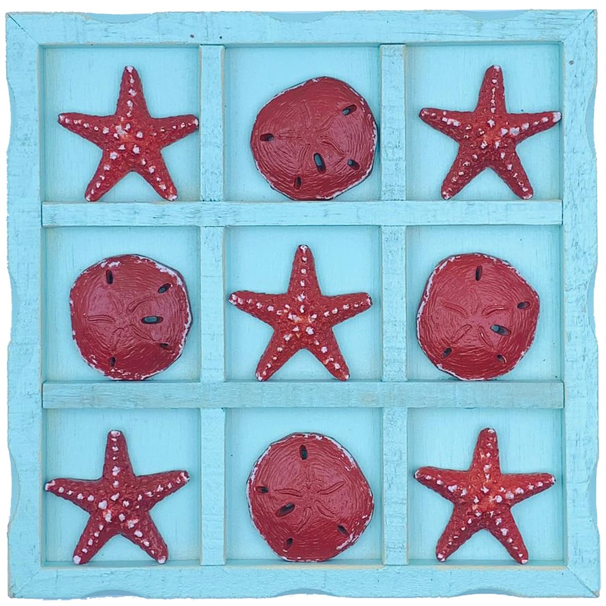 Wooden Tic - Tac - Toe Beach Decor Board Game with Sand Dollars & Starfish - Ideal for Family Gatherings & Parties (Blue)