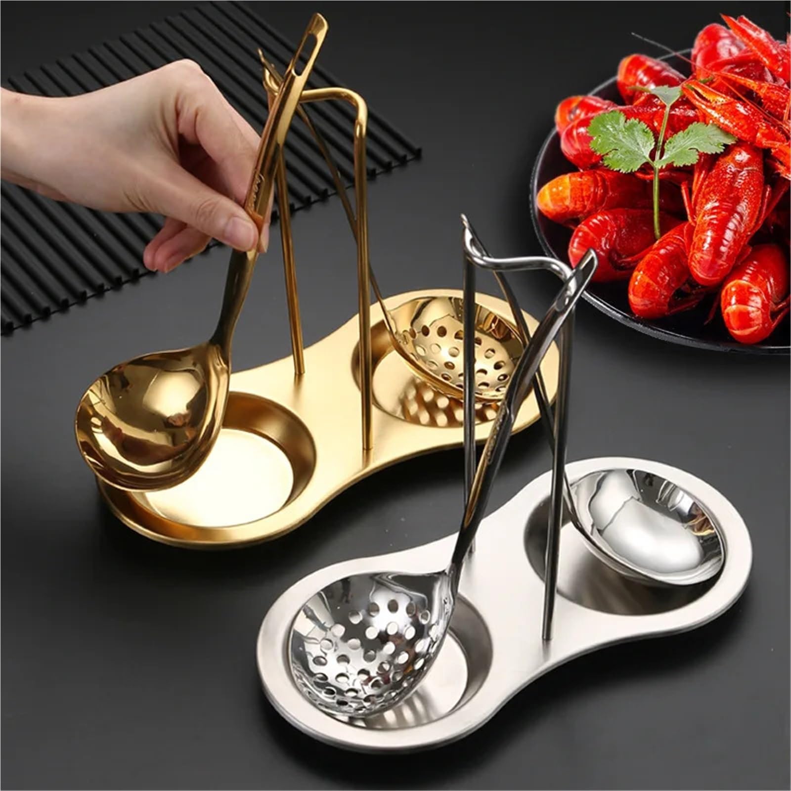 2 stücke Suppe Löffel Halter Edelstahl Besteck Regal Tablett Restaurant Schöpfkelle Küche Gadget Kochen Werkzeug Ablage für Kochlöffel, Schöpfkellen(Gold)