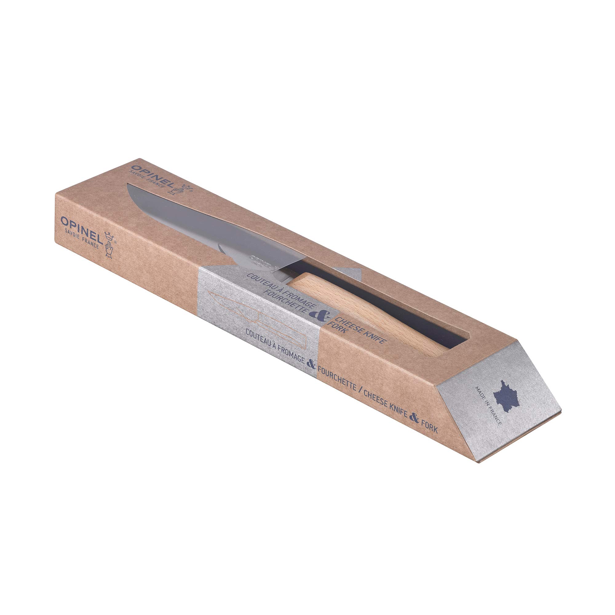 Opinel - Set di Formaggi - 1 Coltello da Formaggio Pieghevole, 1 Forchetta da Formaggio - Lama di 12,5 cm in Acciaio Inossidabile - Manico in Legno di Faggio - Fabbricazione Francese