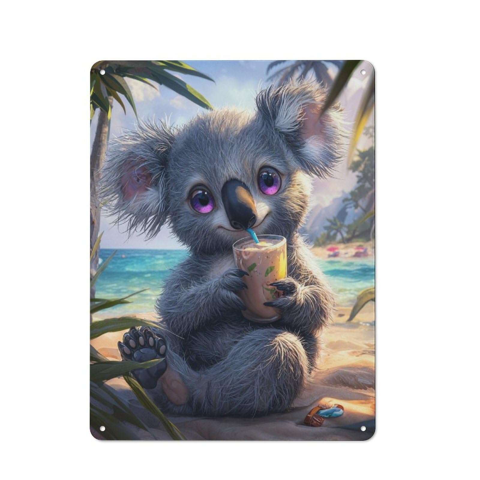 Junmoney Cute Koala On Beach Decorative Metal Plaque 40X30cm, Modern Retro Urban Room Decor For Workspace, Cafe, Hallway Or Garage
