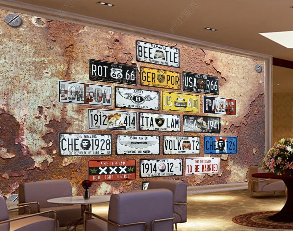Papier peint intissé haut de gamme plaques d'immatriculation rétro mural