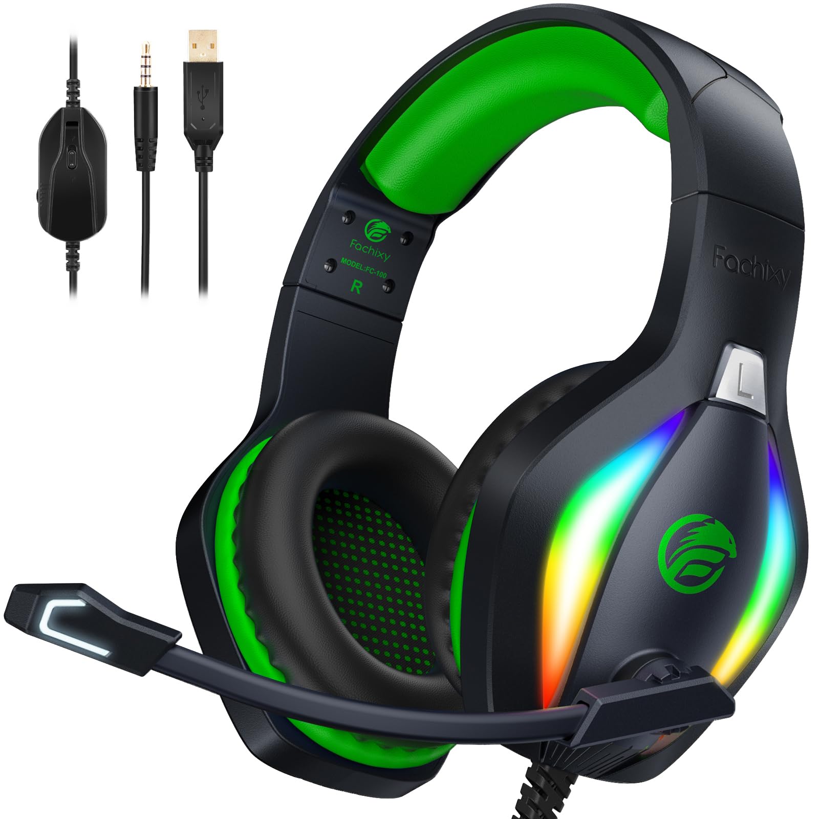 Fachixy FC100 Cascos Gaming para PS4, PS5, PC, Xbox One, Switch, Auriculares Gaming Cancelación de Ruido, Cascos con Microfono Estéreo Sonido, Cascos para PS4 con 3.5mm Jack con Luz RGB (Verde)