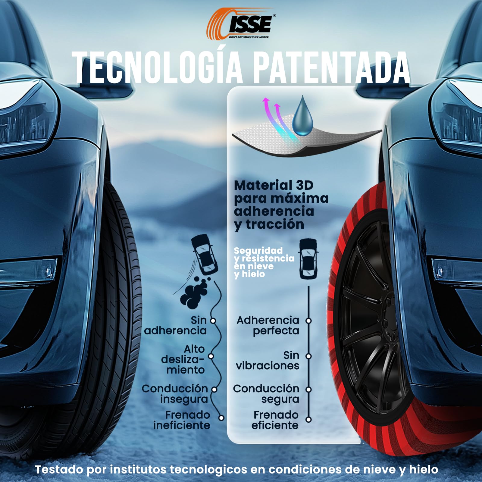 ISSE - Cadenas Coche Nieve Homologación EN 16662-1 y alta seguridad T-66 - Cadenas Nieve Téxtiles Fáciles de Instalar - Cadenas Nieve Coche Antideslizantes y Resistentes - Kit de 2 Cadenas + guantes