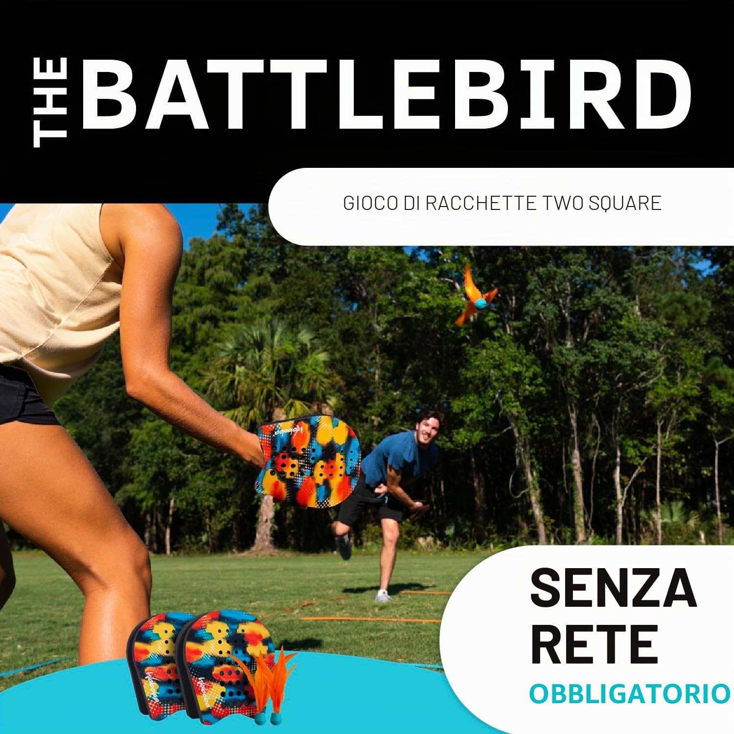 Waboba BATTLE BIRD - Rethink Your Paddle Game - Il set da cortile include: 2 pagaie indossabili, 2 piccoli uccellini e un campo facile da installare con paletti - Dimensioni 200 x 120 x 228 mm