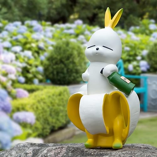 Lhocm Adornos de figuras de conejo para decoración de jardín, 8.3 pulgadas, resina creativa, conejo, plátano, conejo, gnomos de jardín para
