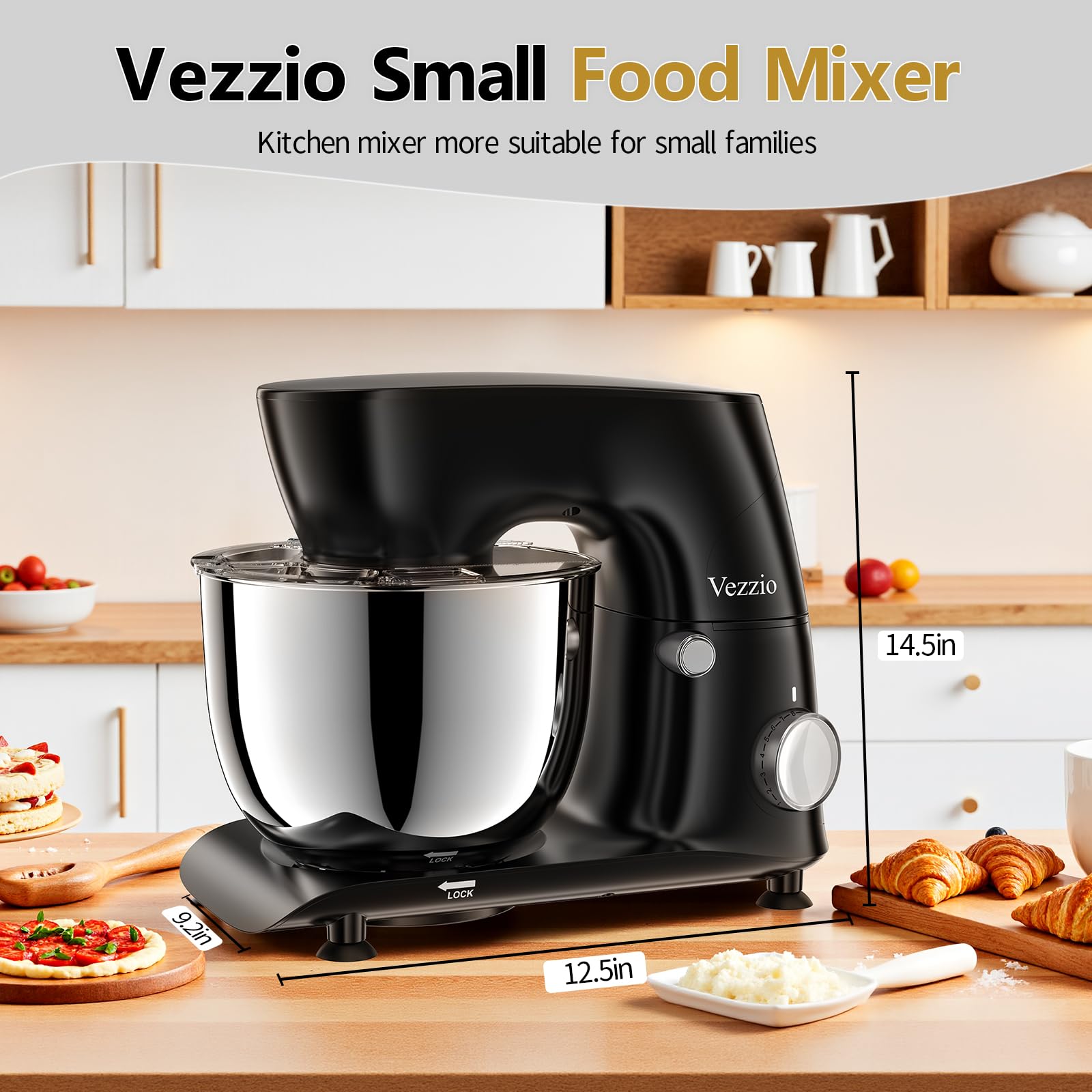 Vezzio Impastatrice Planetaria, 1500W Robot da Cucina Multifunzione, 5.5L 10 Velocità Impastatrice Professionale con Frusta, Gancio per Impastare, Frusta per Dolci, Ciotola di Acciaio Inossidabile