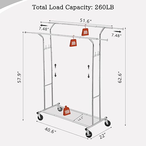 Miniatura 7 de Tajsoon Perchero resistente con estante y ganchos, doble barra de ropa con ruedas con cerradura, percheros plegables para colgar ropa, perchero para