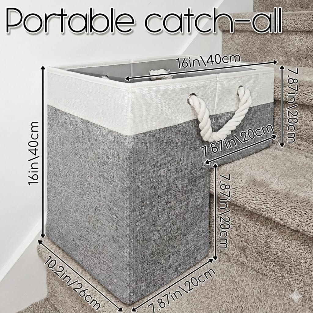 Stair Basket for Carpeted and Wooden Stairs - Foldable Staircase Basket for Stairs with Handle, Step Stairs Storage Basket for Toys, Clothes, Books, Tools, Magazine (Grey, 16" L x 10" W x 16" H)