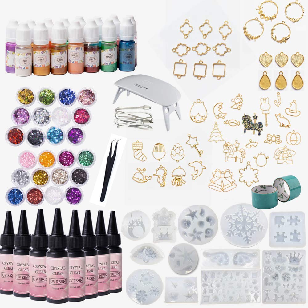 8 transparente UV-Epoxidharze 12 Silikonformen 44 rückseitige Einfassungen 15 Perlenpigmente 48 Glitzer + tragbare UV-Lampe + Pinzette + Washi-Klebebänder für die Herstellung von Harzschmuck