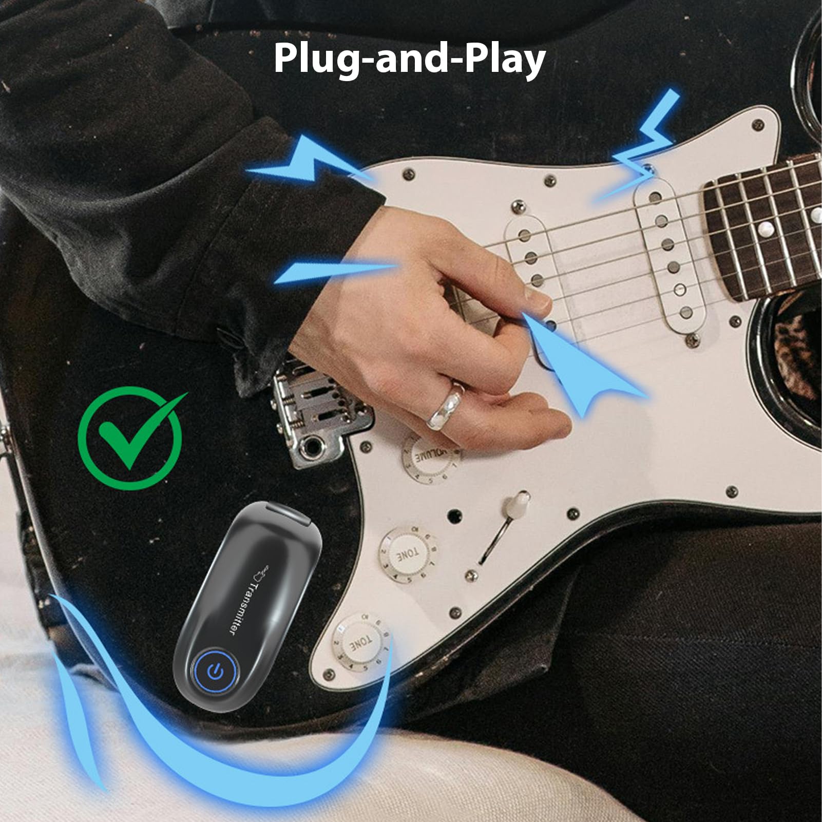 Akumulatorowy system gitarowy HaloVerde z próbkowaniem dźwięku 48 kHz, odległością 98 stóp / 30 m i konfiguracją Plug and Play dla gitary elektrycznej, basu i występów na żywo (Czarny)