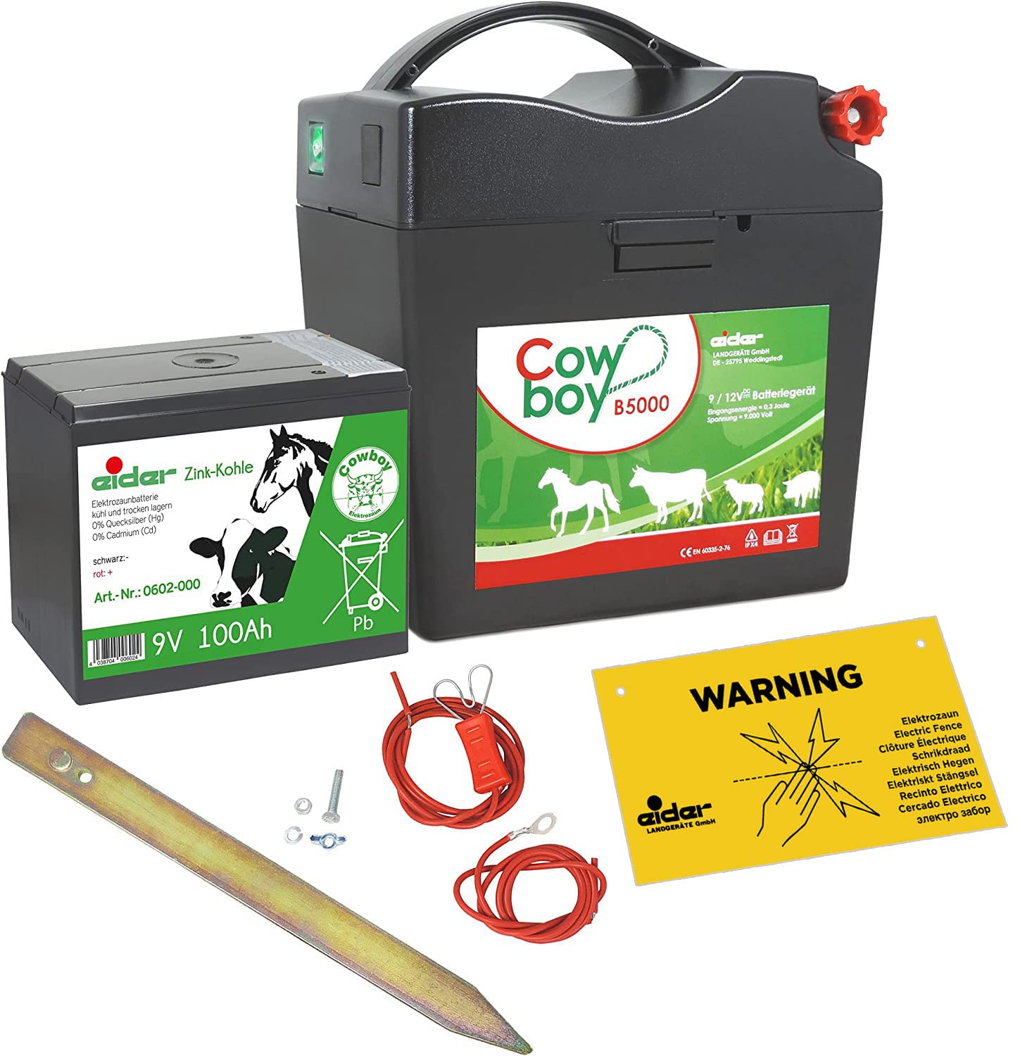 Eider Weidezaungerät Cowboy B 5000-9 Volt mit XXL 100 AH Batterie - ideal für Pferde und Ponys - mit langlebiger Batterie zum Bestpreis