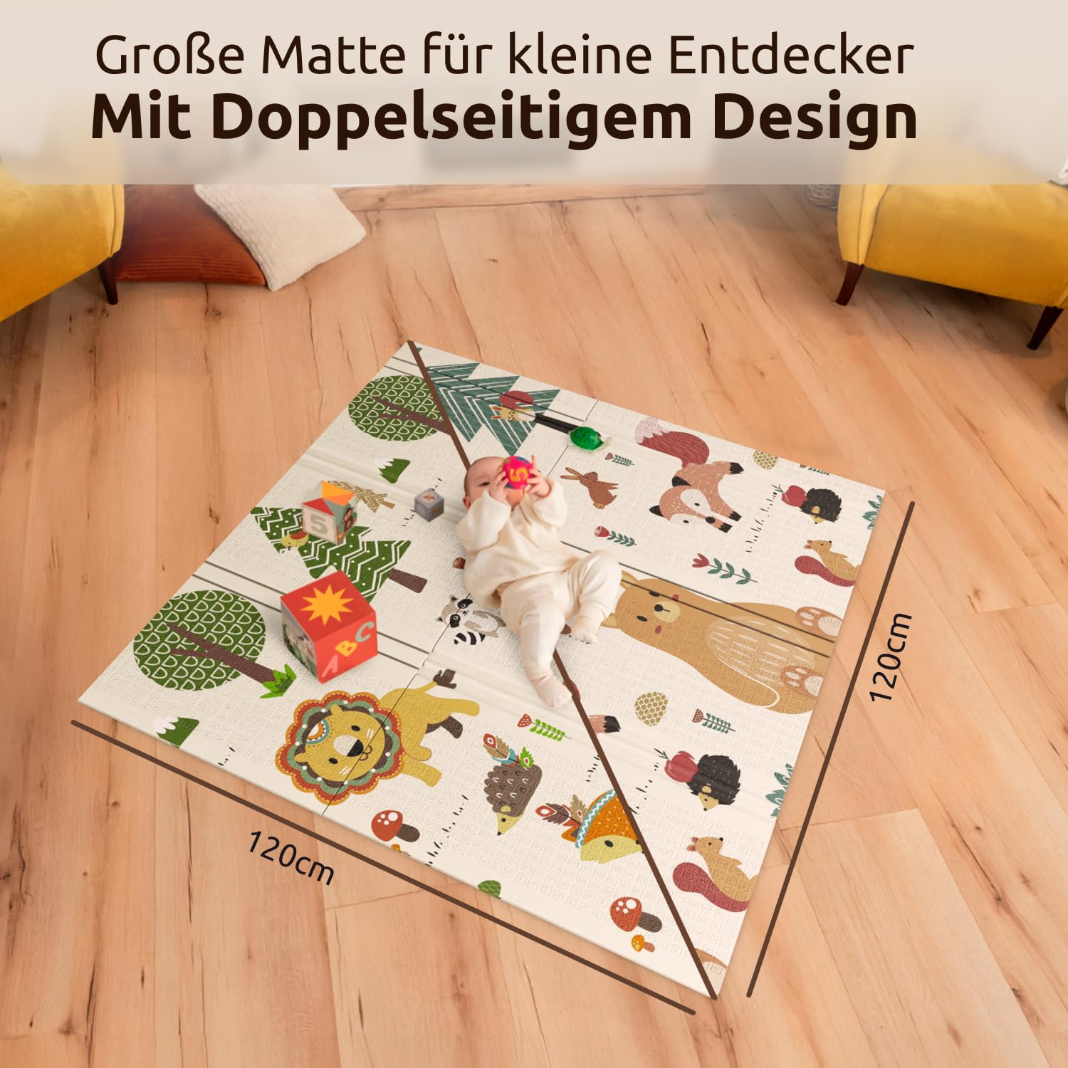 Mallie® Spielmatte Baby Faltbar 120x120x1cm [100% BPA- und Schadstoff-Frei] Doppelseitige Krabbelmatte Baby, Krabbeldecke Baby I Baby Play Mat, Spielmatte Baby Faltbar