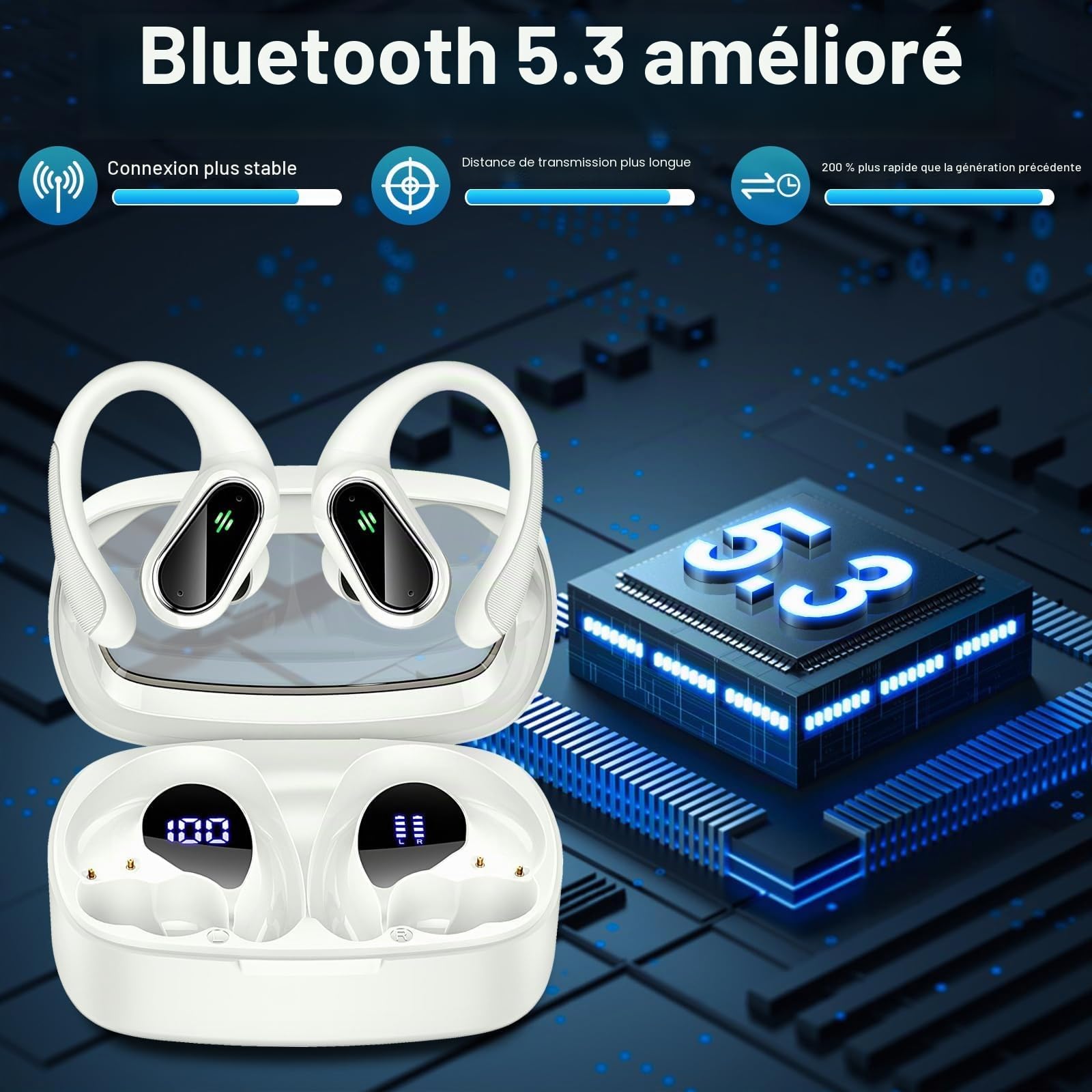Ecouteurs Bluetooth sans Fil Sport, Oreillette Bluetooth 5.3 sans Fil avec 4 Enc Mic, Ip7 Étanche Casque avec Crochets d'oreille, 50H Écouteurs avec Écran LED, Earbuds HiFi Stereo, USB C