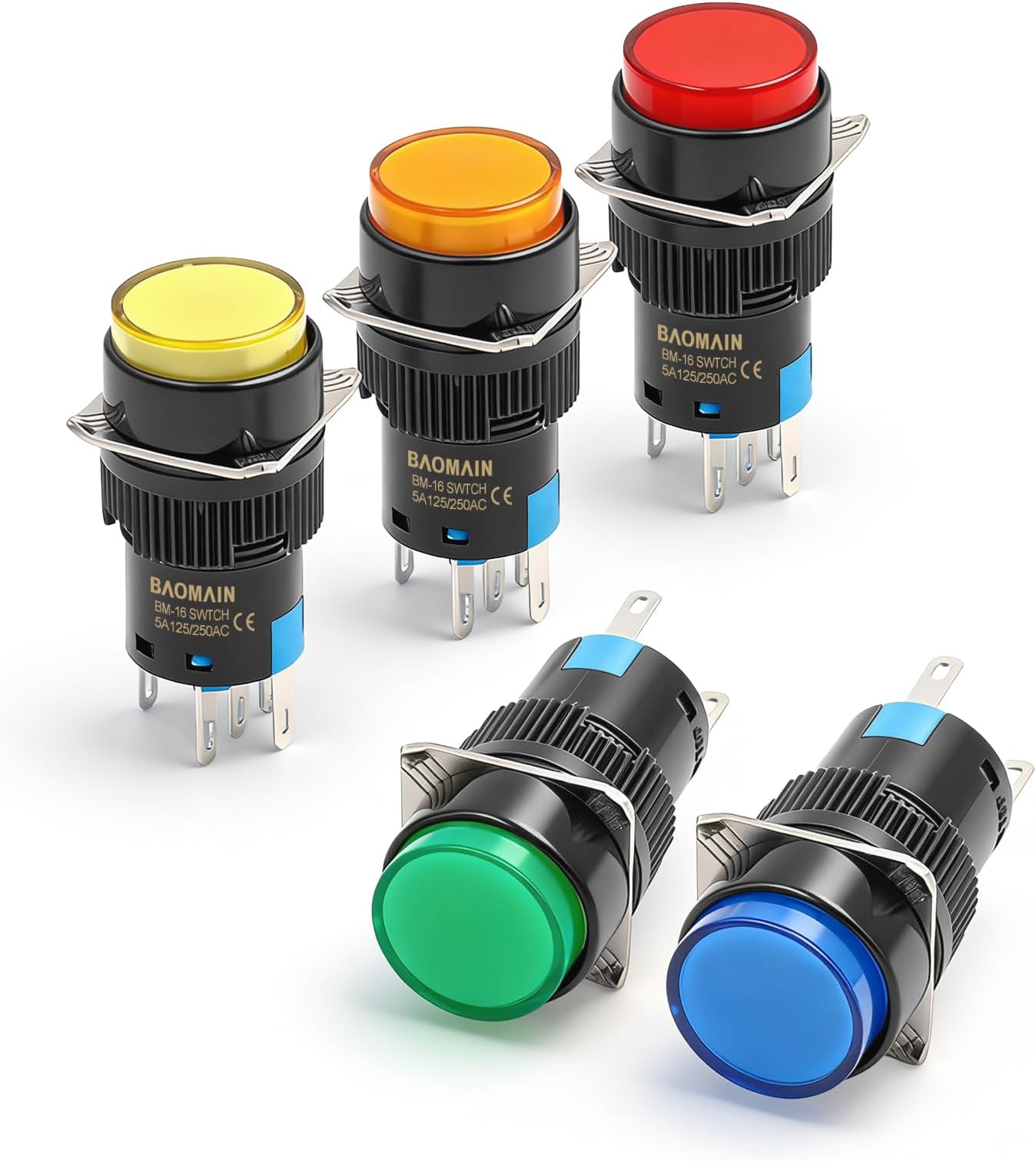 Baomain 5-Pack 16mm (5/8") 24V DC Momentary Push Button Switch with LED,5-Colors (Red,Yellow,Orange,Blue,Green) Round Cap,5-Pin SPDT 1NO+1NC,5A 250V AC