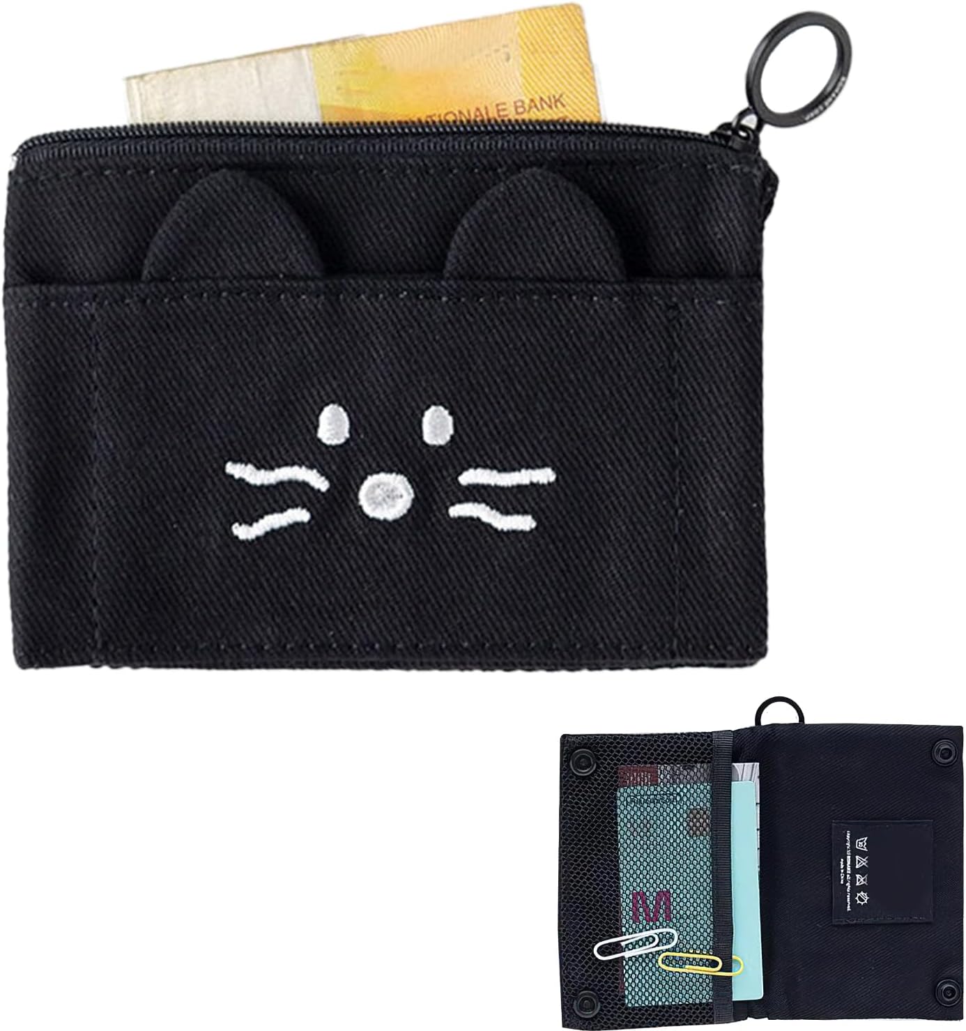 Cute Animal Foldable Coin Purse – 4.5"×3" Small Wallet for Women, Portable ID Card Holder, Zipper Pouch for Coins, Earphones, Cash | Polyester Travel Organizer with Animal Face Design (Cat)