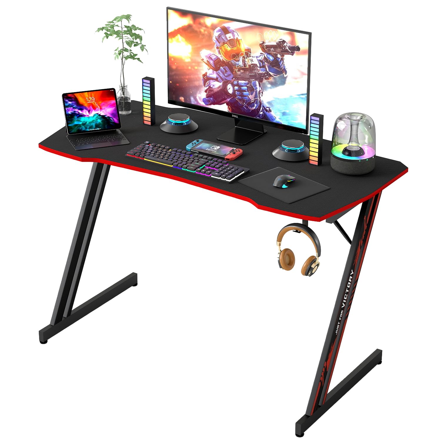 BestOffice 39" Gmaing Desk Computer Gaming Desk Z Shaped Gaming Workstation Ergonomic Gaming Table with Headphone Hook for Game Players,Black&Red