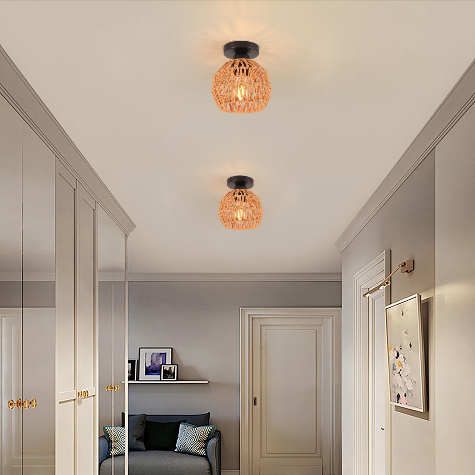 LIGKIN 2 Pieces Vintage Ceiling Light E27 Industrial Ceiling Light Metal Cage and Paper Rope Retro Ceiling Lamp for Hallway Living Room Kitchen Living Room Diameter 16 cm - Image 2