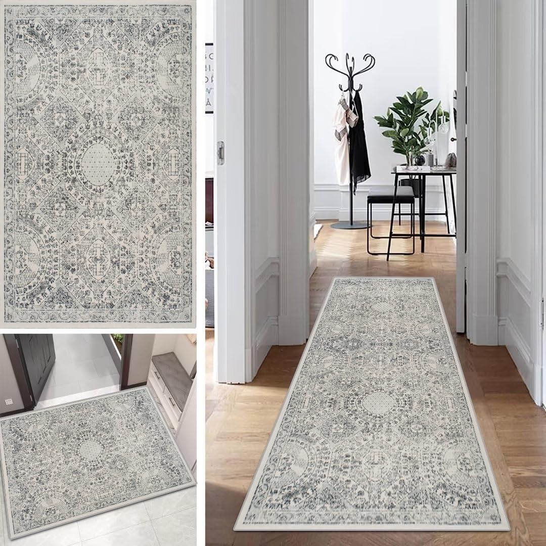 Teppich Läufer Flur Küche Grau Schlafzimmerteppich Boho 120x400cm | rutschfest Waschbar Lang Vintage Wohnzimmerteppich Meterware Läuferteppich Flurläufer Korridor Polyester