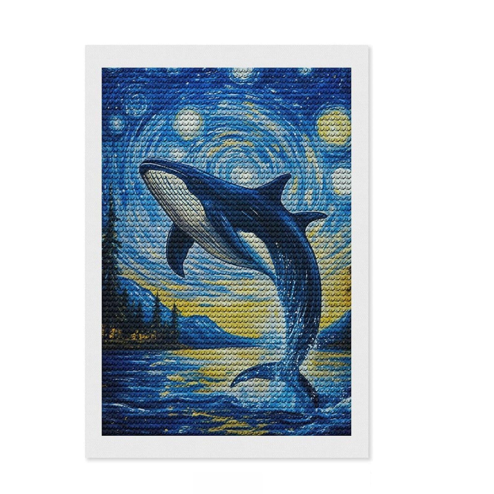 Junmoney Whale Jumping Starry Night DIY Diamond Art Canvas Kit 8"x12", for Teens, Full Kit Included, Cosy Home Accent, Birthday Gift, Printed Canvas