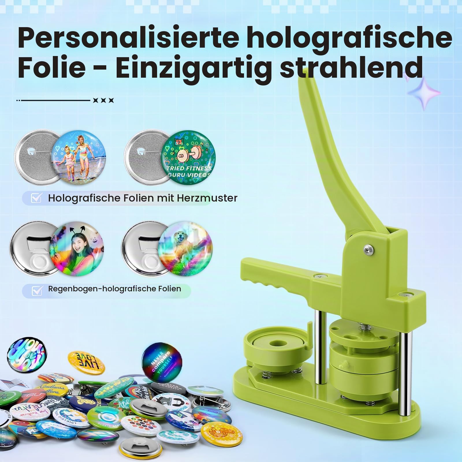 Buttonmaschine Knopfmacher 58mm DIY Buttonpressen-Set ohne Installationsaufwand mit 50 Sets Flaschenöffner-Kühlschrankmagneten und 50 Anstecknadel-Herstellungsset, Regenbogenfolie & Rundschneider