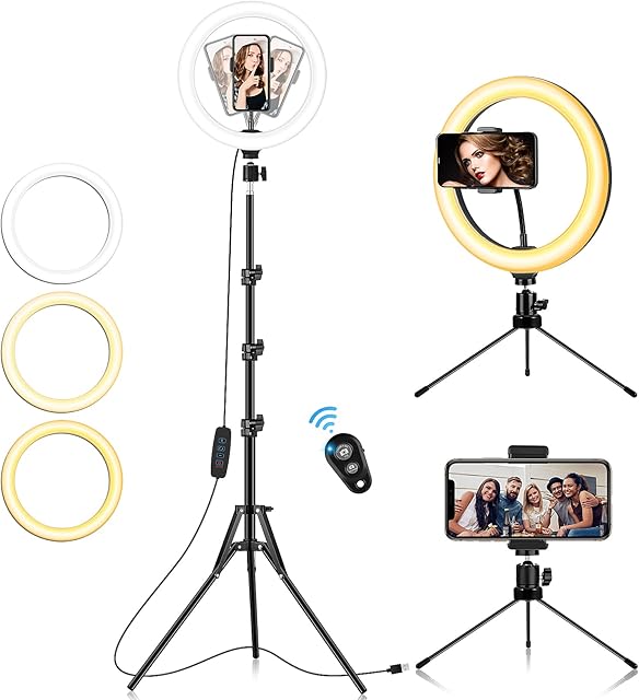 Ring Light with Tripod Stand & Phone Holder, 10 inch Selfie Ring Lights for Phone, Dimmable LED Circle Light with Remote for Live Streaming, Makeup, TikTok YouTube Video (Total Height: 70''/180cm)