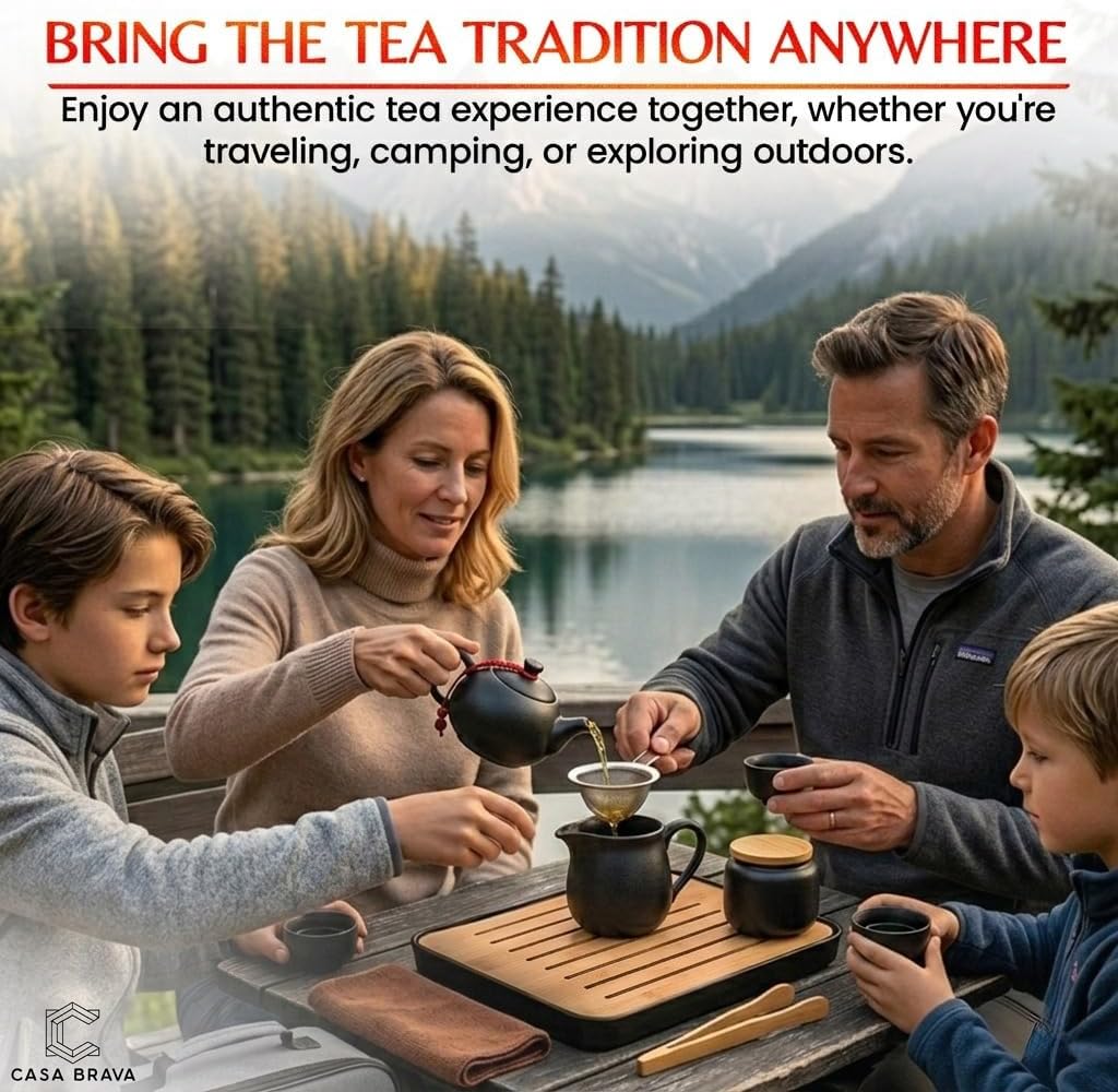 Travel Tea Set Portable Kung Fu Tea Set – Complete Gongfu Tea Set with Ceramic Teapot, 4 Cups, Bamboo Tray, Strainer & Travel Case – Chinese Japanese Asian Tea Ceremony Set for Adults