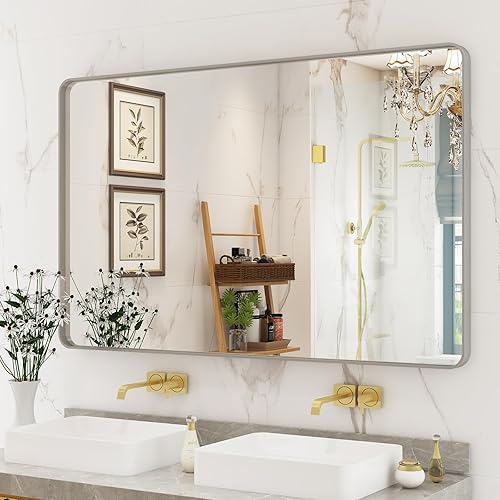 Espejo de baño plateado cepillado de 48 x 30 pulgadas para pared, espejo de tocador de baño con marco de metal plateado cepillado, espejo