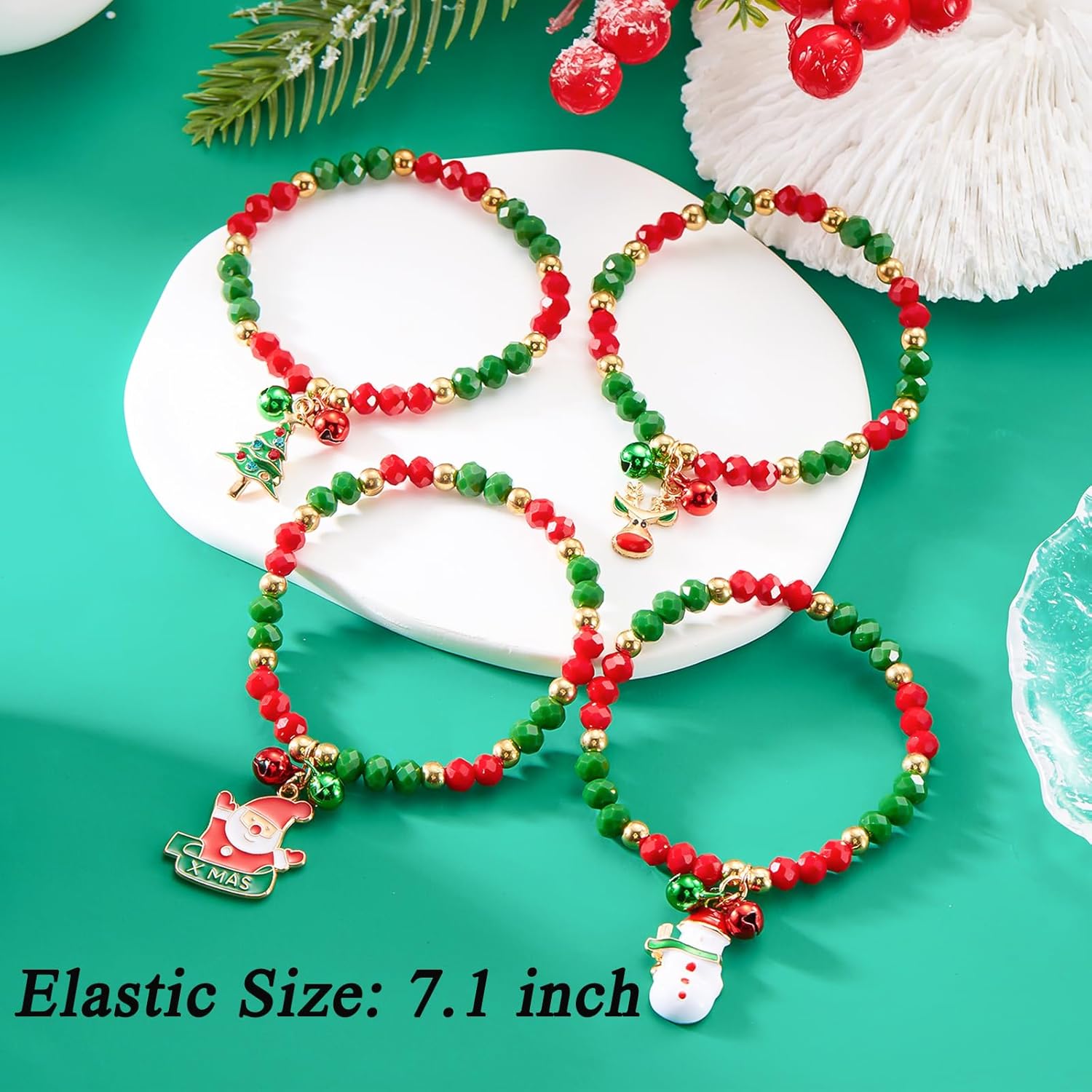 Nanafast 4 PCS Christmas Bracelet Set Santa Claus Snowflake Christmas Tree Beaded Stretch Bracelet for Women Thanksgiving Xmas Holiday Party Gifts - Image 3