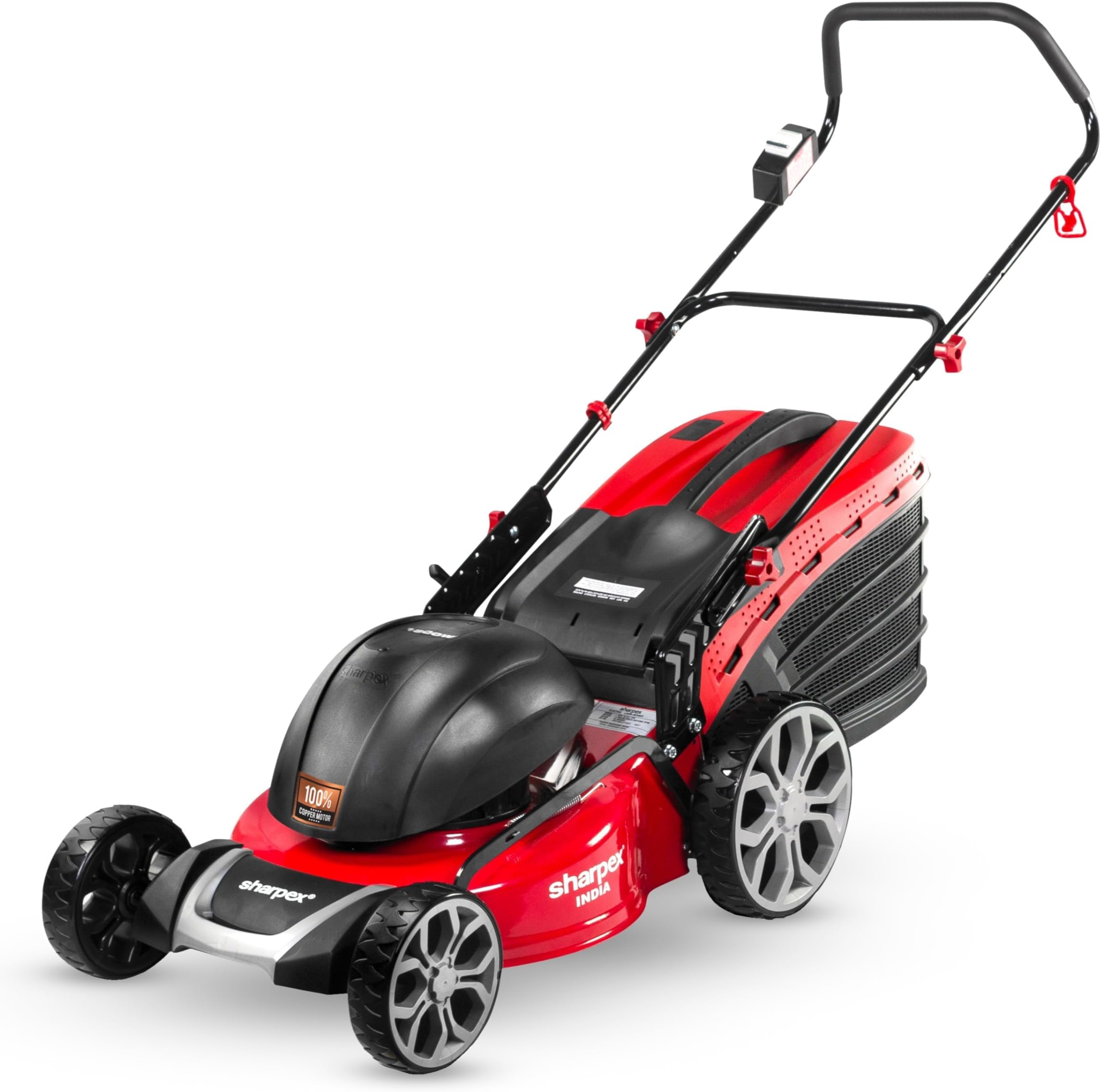 - Sharpex Electric Lawn Mower 1200W – 12" Blade, 3-Level Height Adjustment (12–50mm), Made in India, 30L Grass Catcher | Covers Up to 1000 sq.ft – 1.6HP Motor, Red, | Not for Carpet Lawns