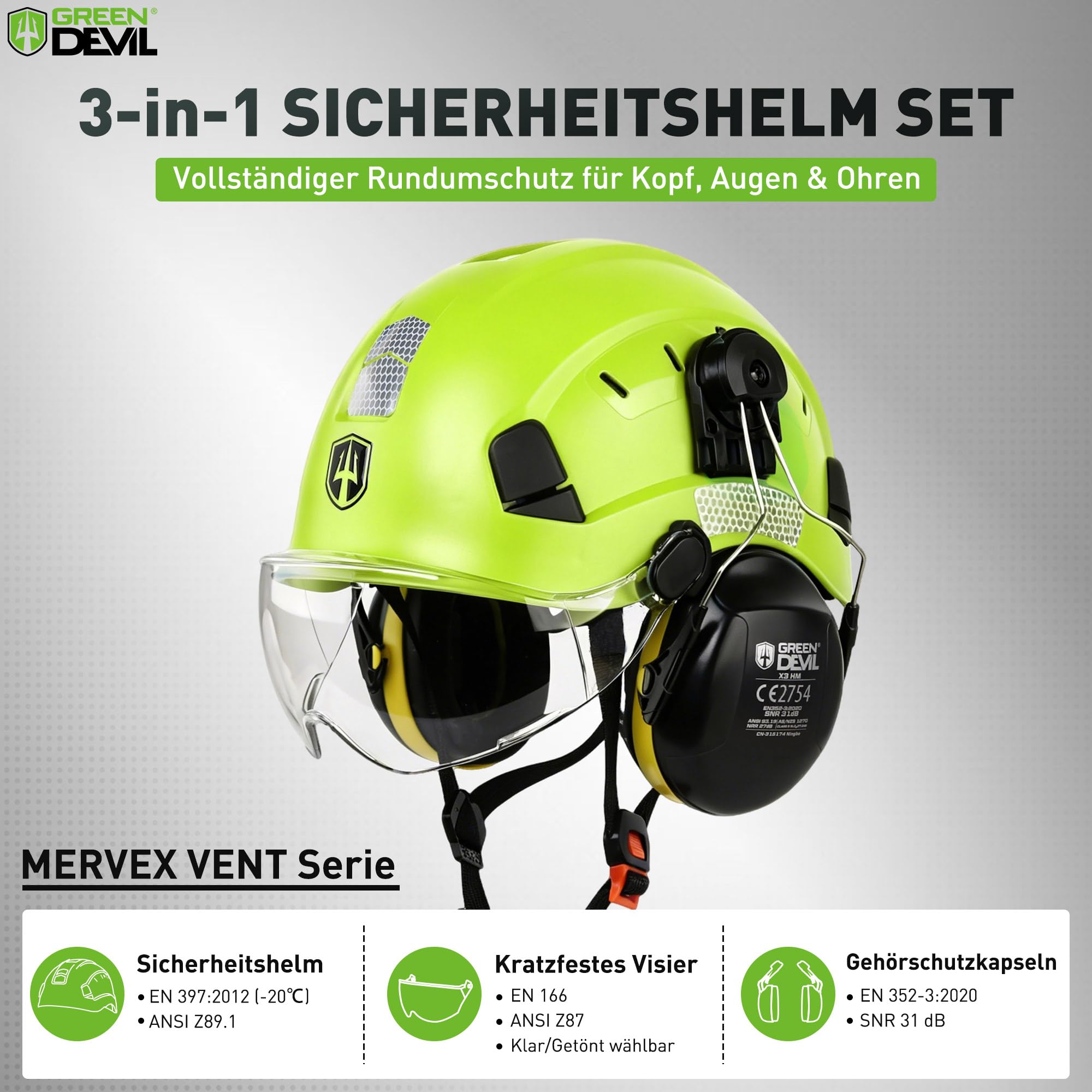 GREEN DEVIL Mervex Vent 3-in-1 Sicherheitshelm Set EN 397 | Arbeitshelm Bauhelm mit Visier (Klar/Getönt) & Gehörschutz SNR 32 dB | ABS Industriehelm 53-63cm für Baustelle Forstwirtschaft Höhenarbeit