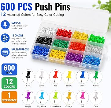 Multicolored Push Pins Thumb Tacks, Coideal 600 Pcs Coloured Map Tacks with Stainless Steel Point for Bulletin Board, Fabric Marking, Pictures Hanging at Home Office School (12 Colours)