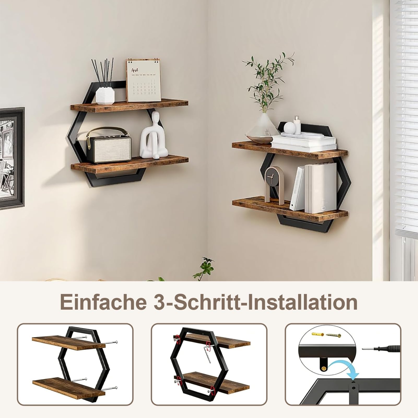 Wandregal Schwarz Metall Schweberegal 2er-Set (Schwarz, 2-Stück) | Küche Wohnzimmer Keller Stabil Modern Regalbrett für Wanddekoration Platzsparend Haushalt Büro