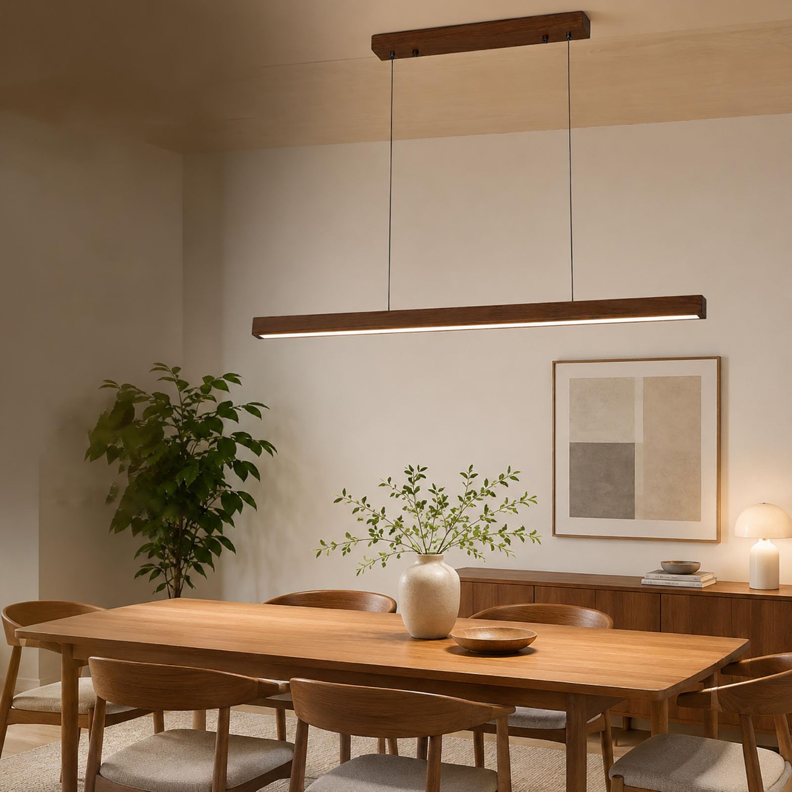 Lampadario Sospensione LED in Legno per Tavolo da Pranzo, Lampada a Sospensione Lineare con 3 Temperature di Colore Tramite Interruttore, per Cucina, Isola, Bar e Soggiorno,B,150cm