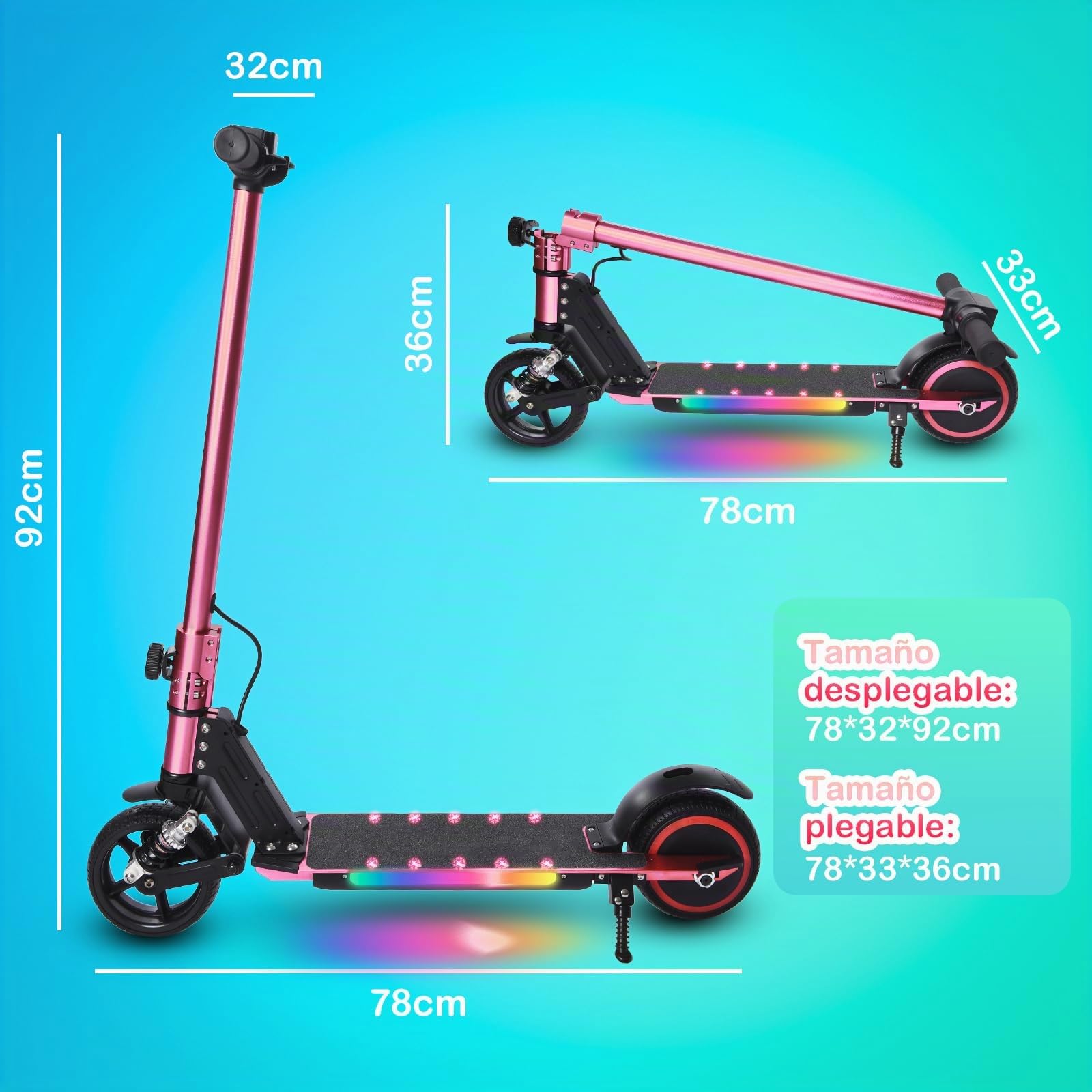 Patinete Eléctrico para niños,Plegable Niños 6 a 12 Años,Patinete Electrico Niño Pantalla LED,Patinetes Electricos Alcance de 5-8 KM,Patinete Niño Luces LED Coloridas,Regalo para Niños (Rosa)