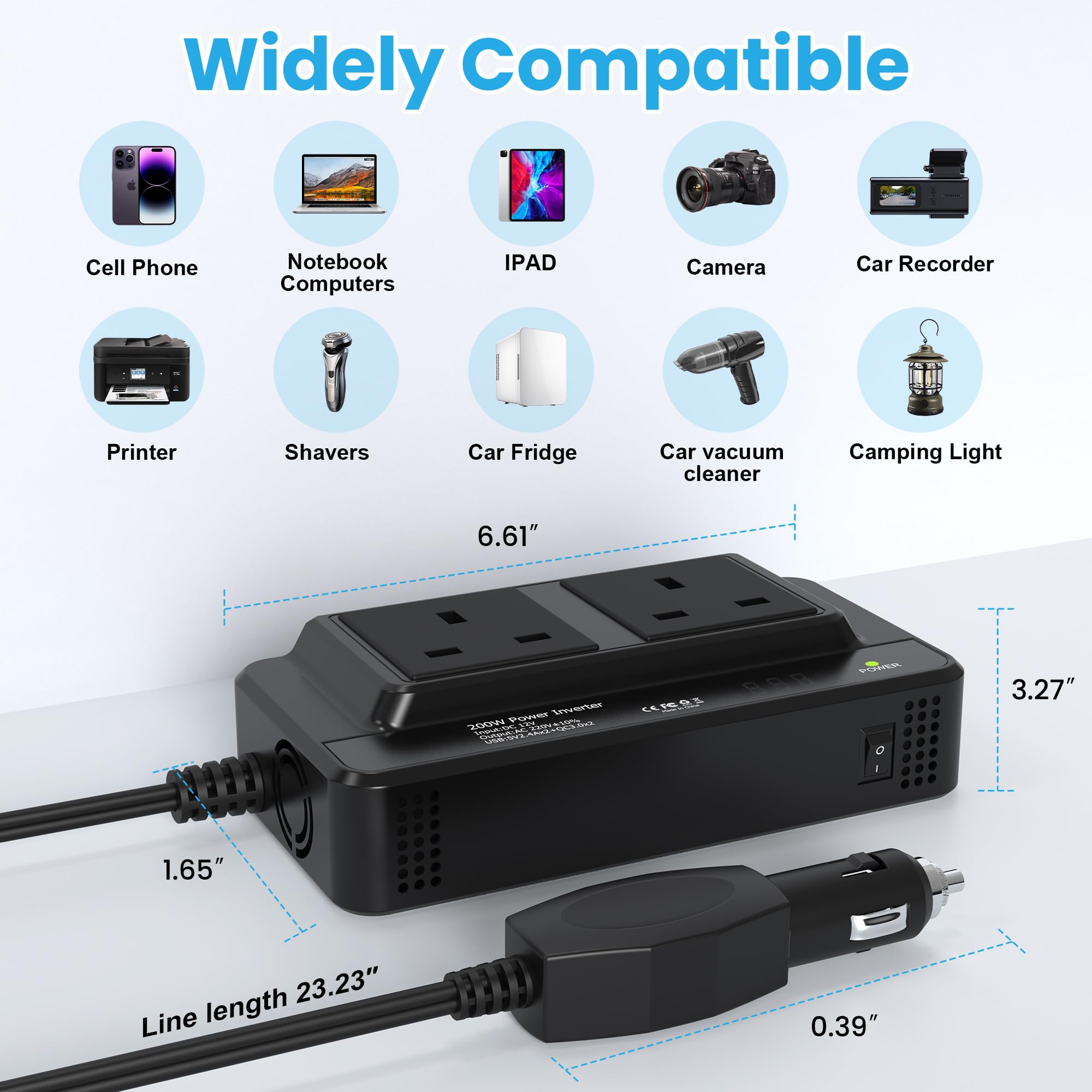 200W Car Voltage Converter Inverter DC 12V to AC 230V with 2 Sockets and 4 USB Ports Fast Charging Car Charger with Cigarette Lighter Plug for Business Trips and Vacation — view 2
