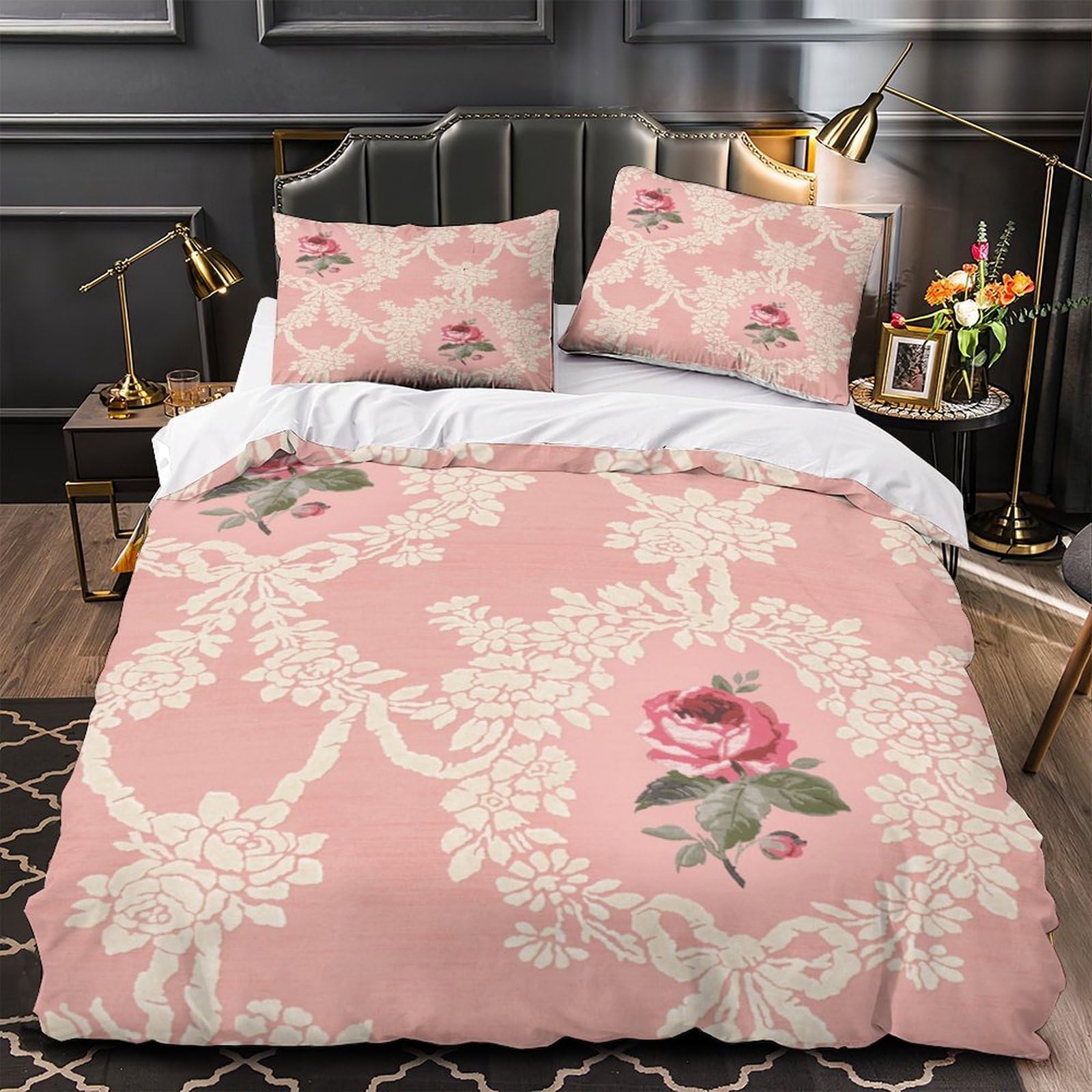 Housse de couette rose 3D 220x240 cm avec taies d'oreiller pour lit King