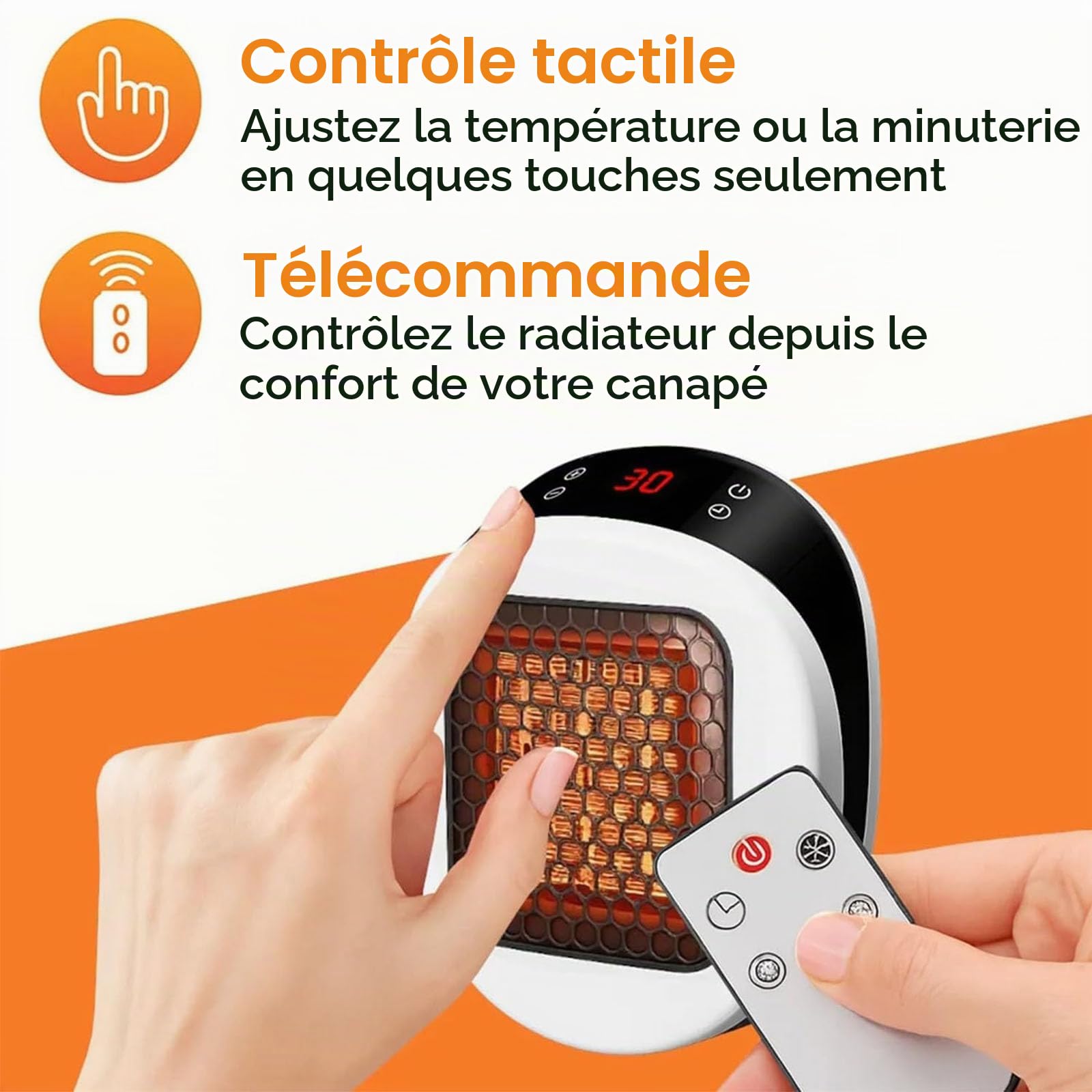 Réfacteur portable Lunaheater - chaleur en céramique instantanée en 30 secondes, mini radiateur d'espace 600 W avec bougie rotative, thermostat réglable, affichage LED et télécommande (White)