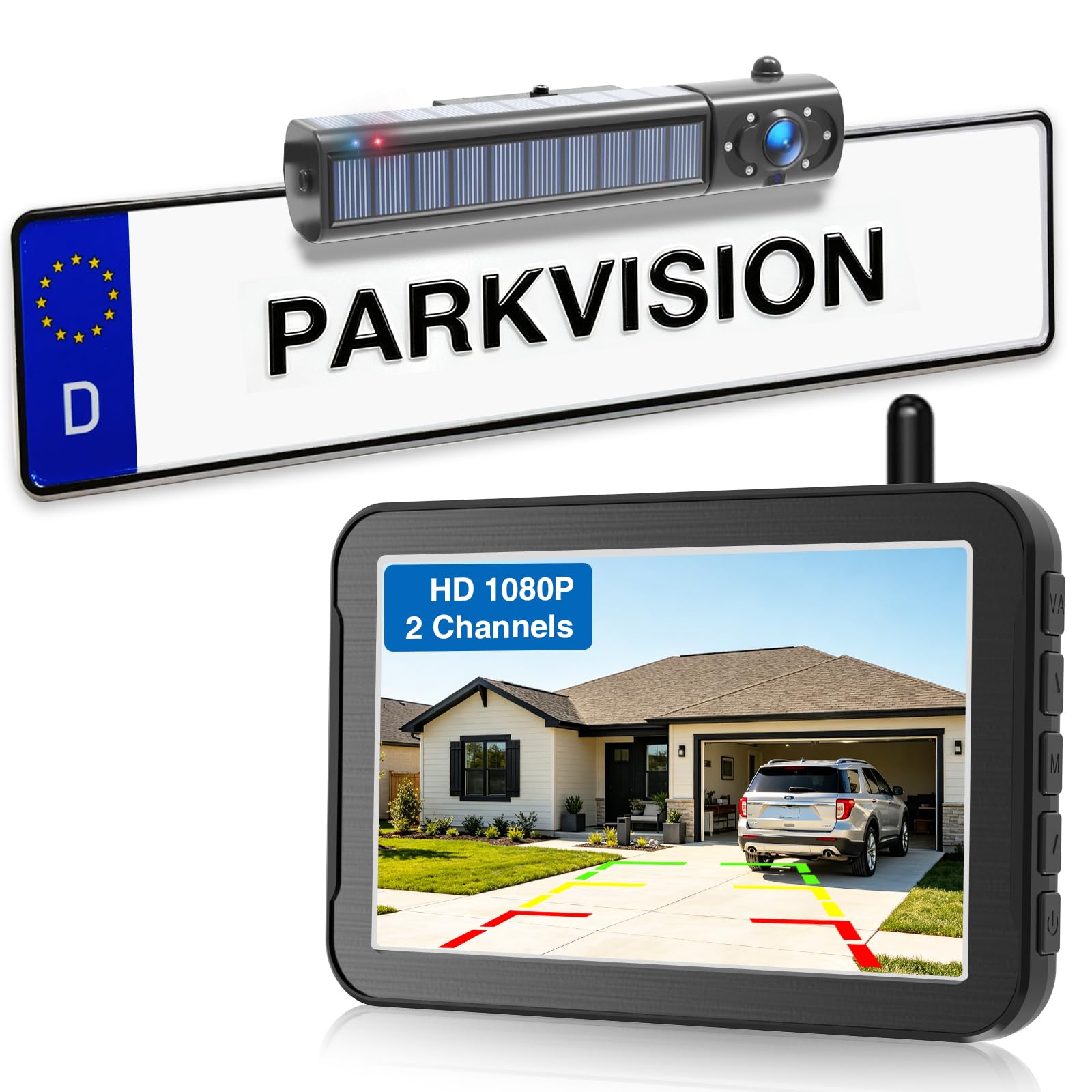 PARKVISION 5" Rückfahrkamera kabellos Solar, HD 1080P, 5000mAh Akku | IP68, einfache Installation, Weitwinkel Nachtsicht Funk Rückfahrkamera Set Einparkhilfe für Kleiner Pick-up, SUV und PKW
